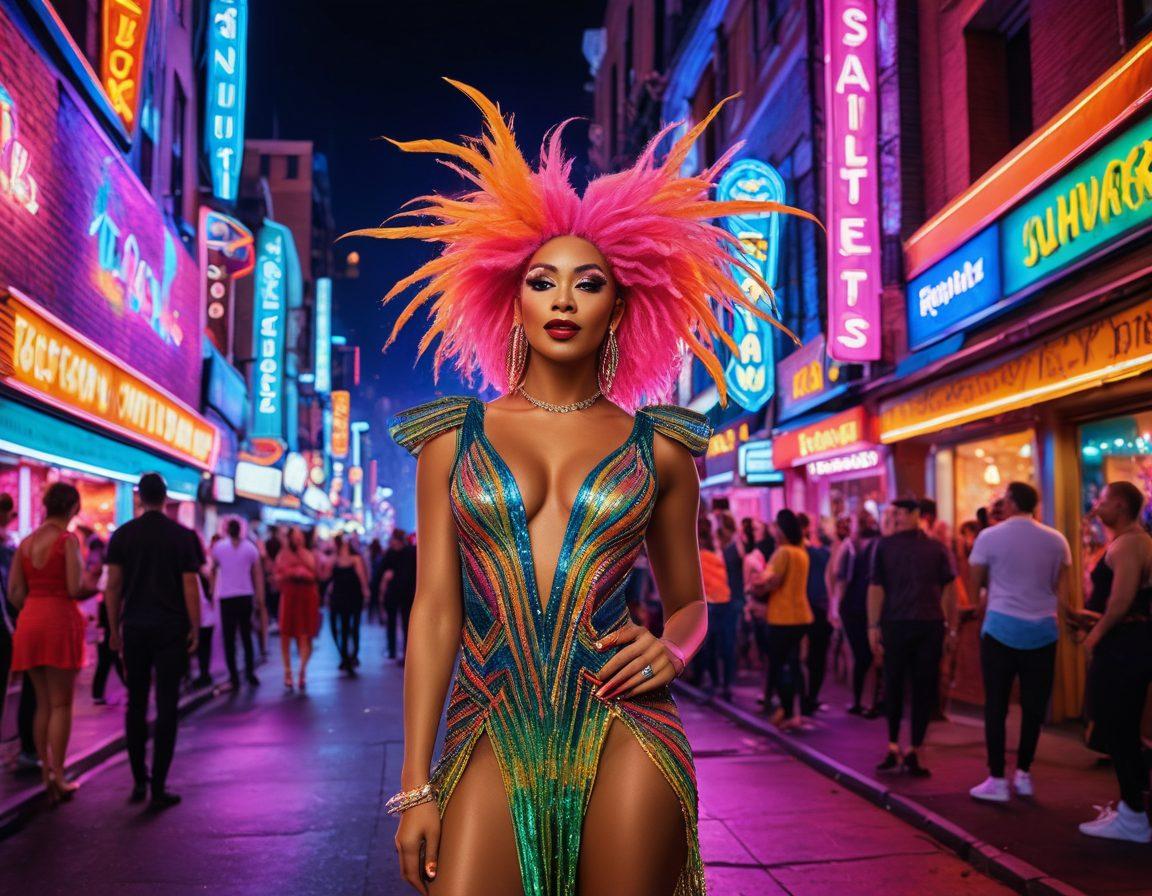 A lively cityscape at night, showcasing a vibrant street filled with neon lights and diverse individuals, including dynamic drag performers, enjoying a festive atmosphere. Include elements like colorful cocktails and a bustling crowd, emphasizing the thrill of adult entertainment. Capture the essence of nightlife with a hint of glamour and excitement. super-realistic. neon colors. vibrant background.