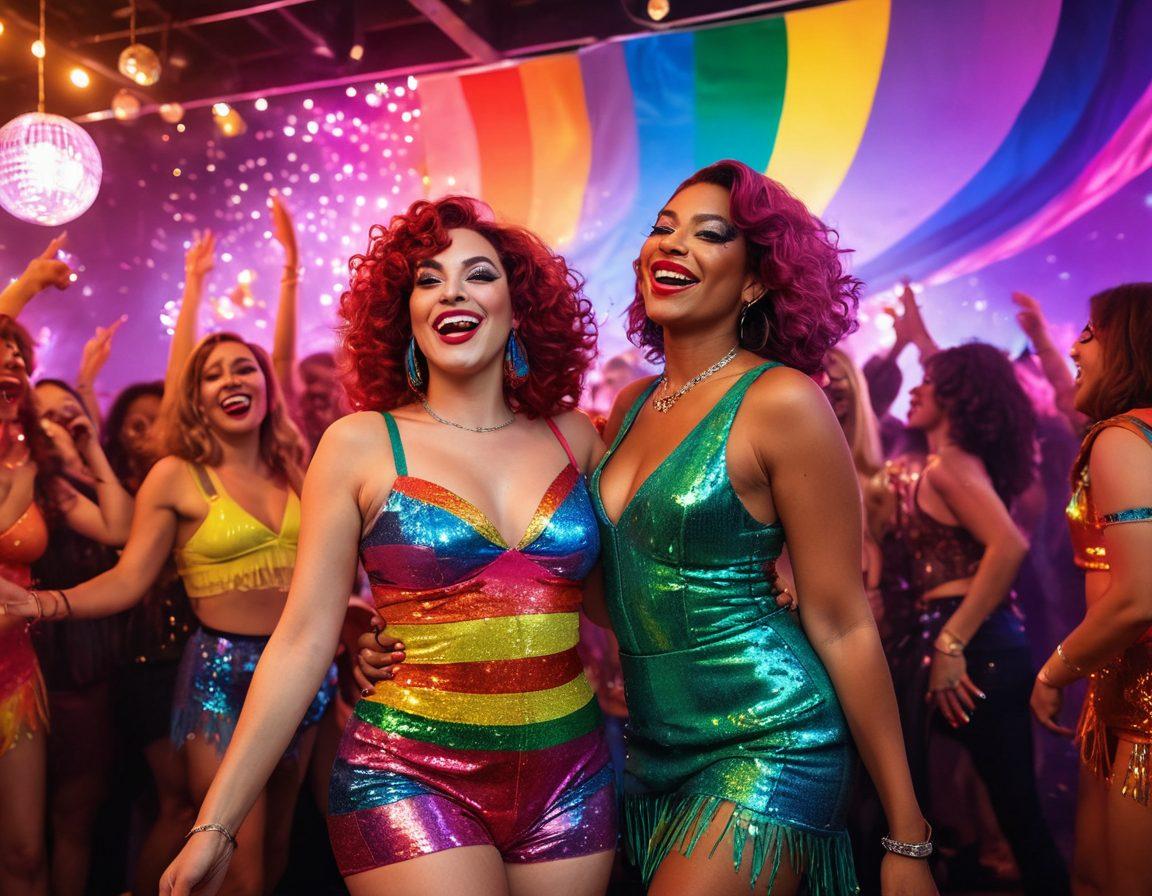 A vibrant nightlife scene depicting a diverse group of transgender individuals celebrating together, adorned in colorful outfits and makeup, with a backdrop of neon lights and lively music. The atmosphere is full of joy and acceptance, showcasing a mix of dance, laughter, and unity. Include elements like a rainbow flag and a glittering disco ball to enhance the festive mood. super-realistic. vibrant colors. night scene.
