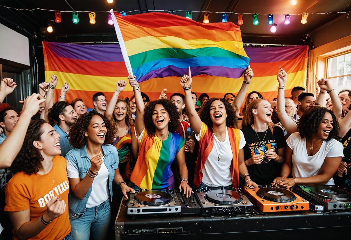 A lively scene showcasing a vibrant LGBTQ gathering with colorful decorations, people in eclectic outfits dancing and celebrating together. Include joyful expressions, a rainbow flag prominently displayed, and a funky DJ booth in the background. Bright lights and an atmosphere of inclusivity and celebration are essential. super-realistic. vibrant colors. 3D.